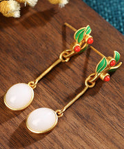 Red Pearl Alloy Inlaid Gem Stone Jade Drop Earrings