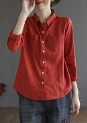 Red Peter Pan Collar Low High Design Linen Shirt Long Sleeve