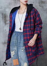 Red Plaid Fine Cotton Filled Coat Hooded Pockets Spring