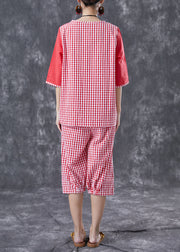 Red Plaid Patchwork Linen Two-Piece Set Chinese Button Summer