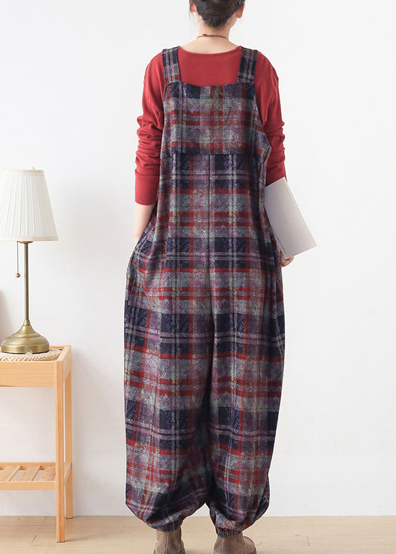 Red Plaid Pockets Woolen Jumpsuit Pants Fall