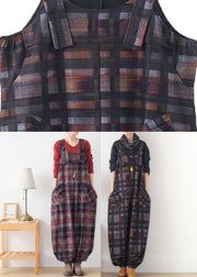 Red Plaid Pockets Woolen Jumpsuit Pants Fall