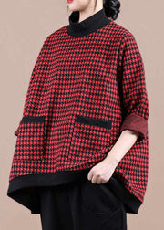 Red Plaid Turtleneck Pocket Tops Long Sleeve