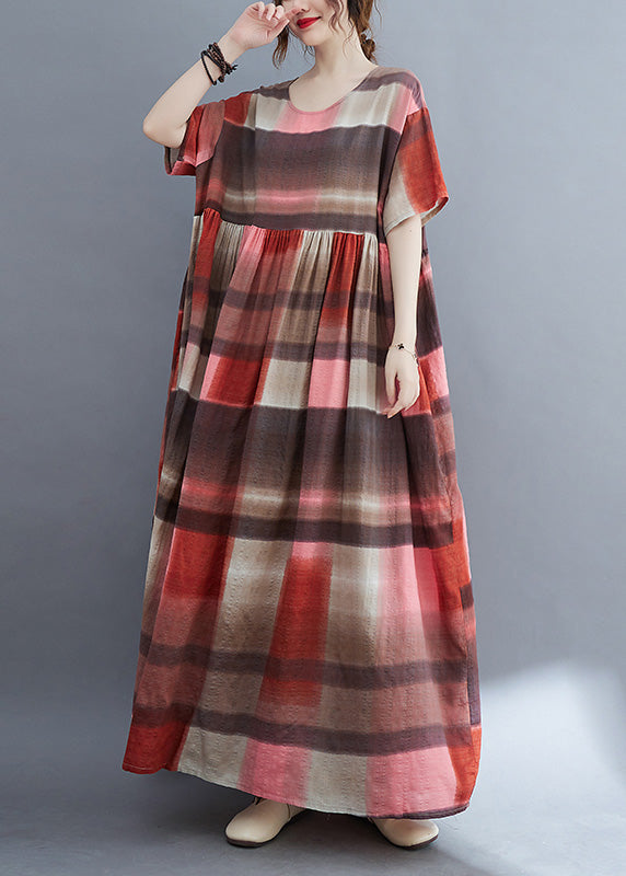 Red Plaid Wrinkled Long Dress Short Sleeve