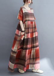 Red Plaid Wrinkled Long Dress Short Sleeve