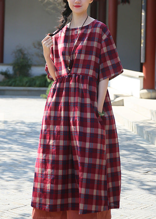 Red Plaid Wrinkled Patchwork Cotton Dresses O Neck Half Sleeve