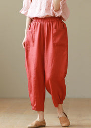 Red Pockets Cotton Crop Pants High Waist Summer