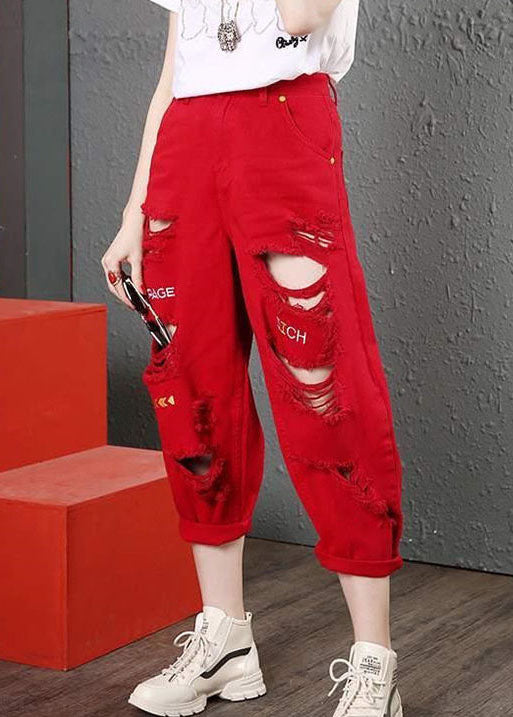 Red Pockets Cotton Crop Pants Letter Embroideried Hole Summer