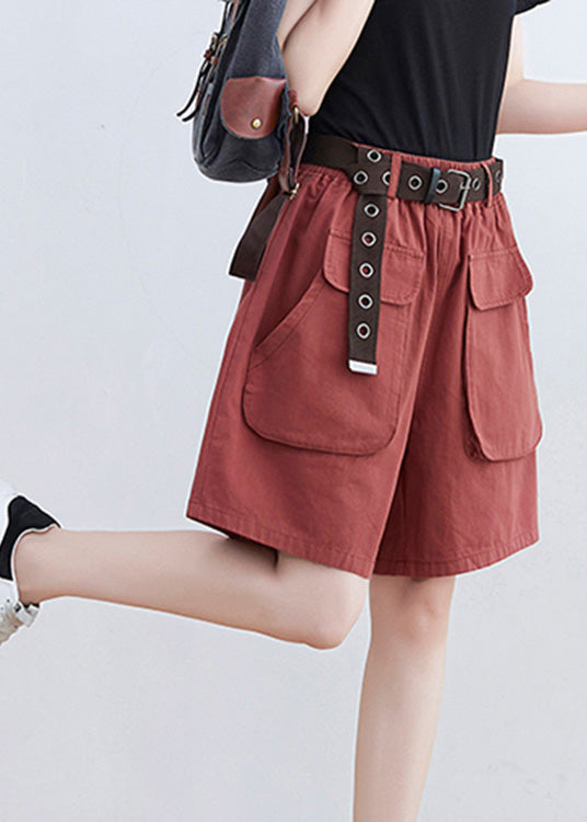 Red Pockets Elastic Waist Wide Leg Shorts