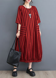 Red Pockets Patchwork Cotton Dresses O Neck Striped Summer