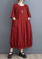 Red Pockets Patchwork Cotton Dresses O Neck Striped Summer