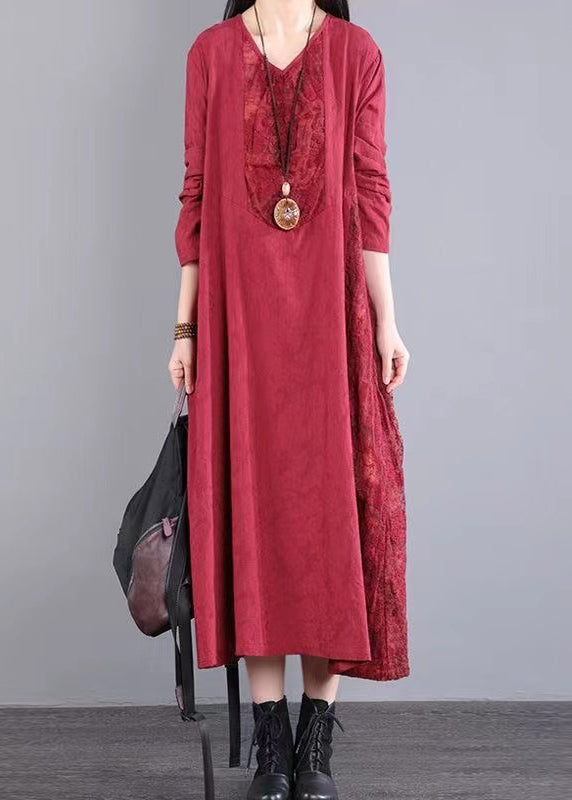 Red Pockets Patchwork Cotton Long Dress V Neck Lace Hollow Out Fall