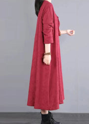 Red Pockets Patchwork Cotton Long Dress V Neck Lace Hollow Out Fall