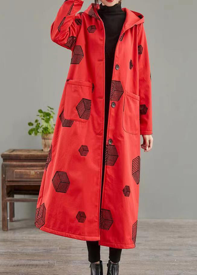 Red Pockets Print Patchwork Warm Fleece Hoodie Coat Winter