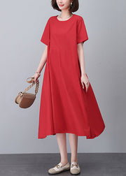 Red Pockets Solid Cotton Dress O Neck Short Sleeve