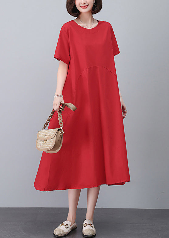 Red Pockets Solid Cotton Dress O Neck Short Sleeve