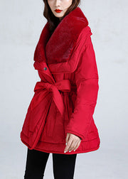 Red Pockets Tie Waist Stylish Duck Down Puffer Jacket Winter