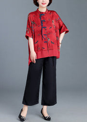 Red Print Button Patchwork Silk Two Piece Set Stand Collar Summer