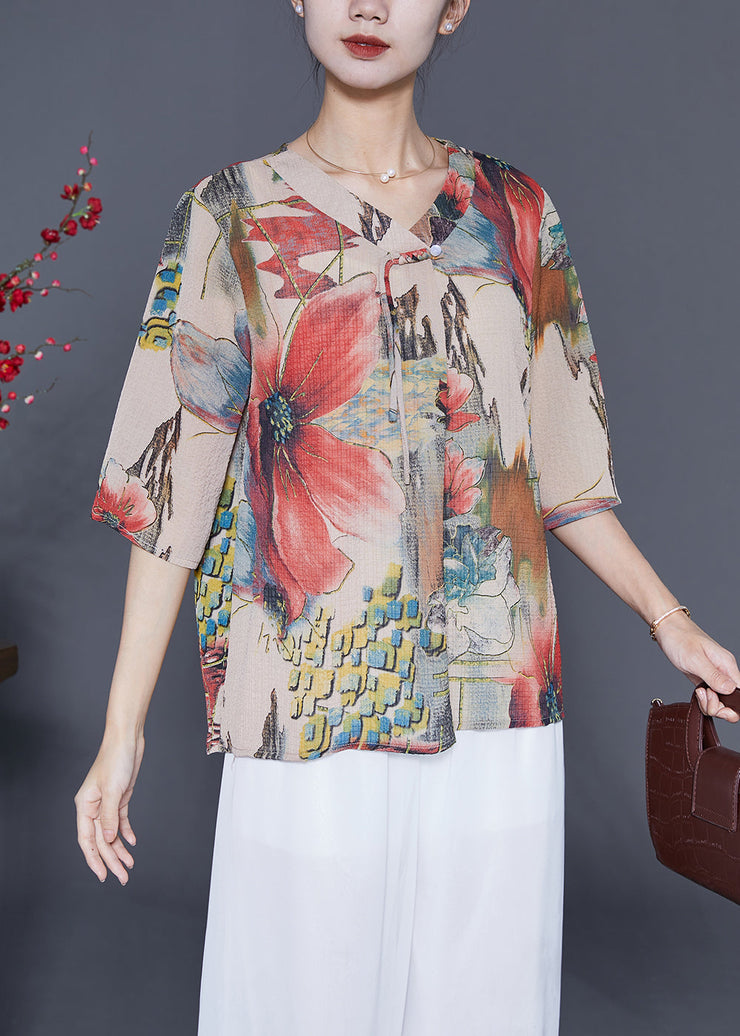 Red Print Chiffon Shirts Oversized Tassel Half Sleeve