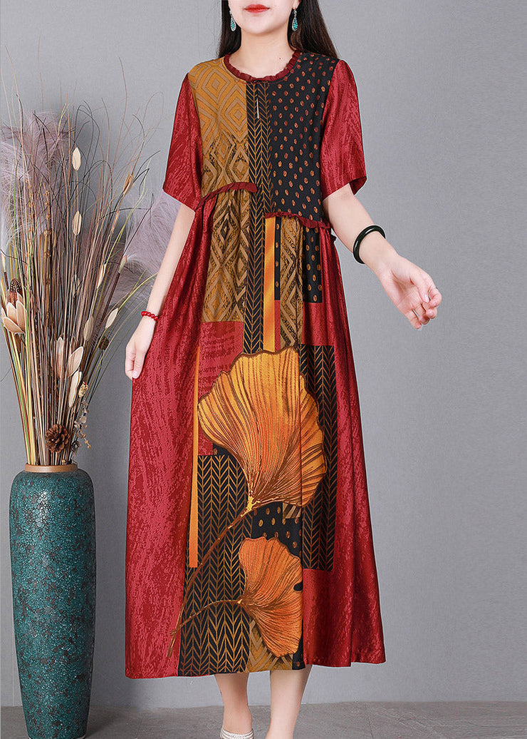 Red Print Cinched Silk Long Dress Short Sleeve