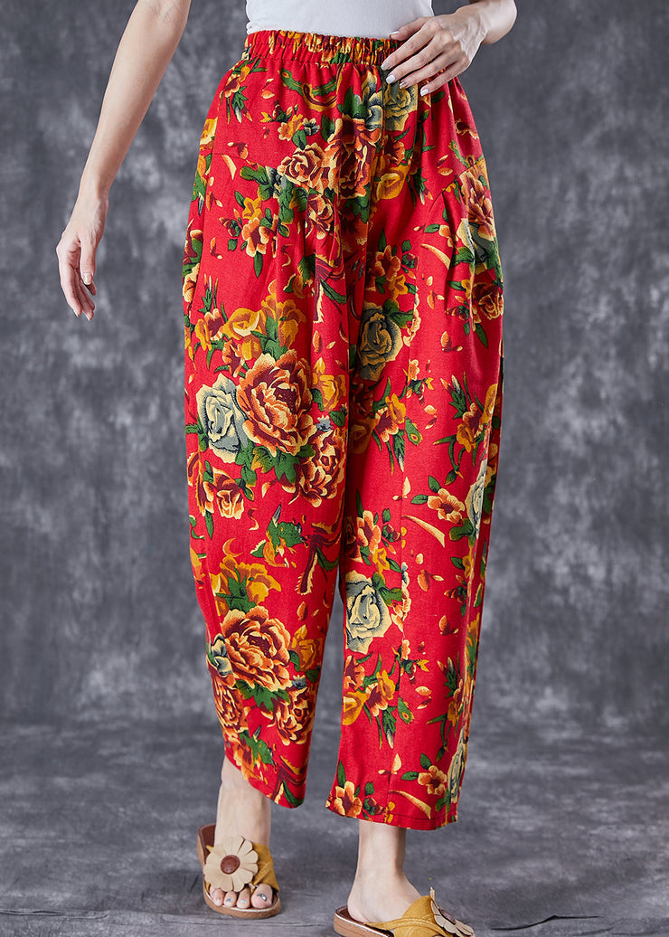 Red Print Cotton Harem Pants Oversized Elastic Waist Summer