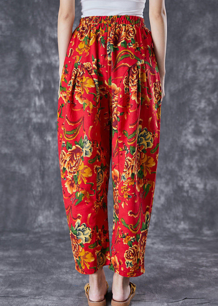 Red Print Cotton Harem Pants Oversized Elastic Waist Summer