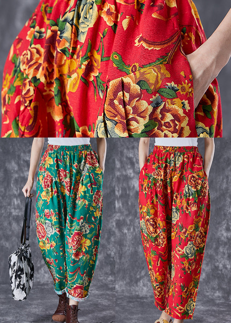 Red Print Cotton Harem Pants Oversized Elastic Waist Summer