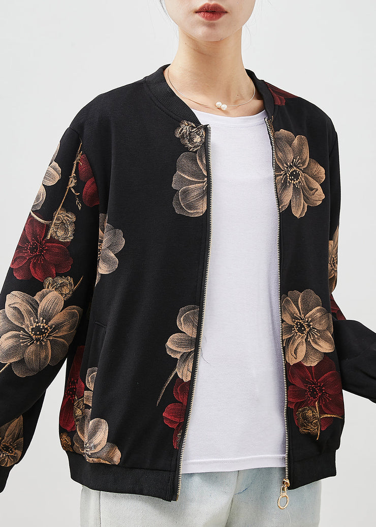 Red Print Cotton Jackets Oversized Pockets Spring