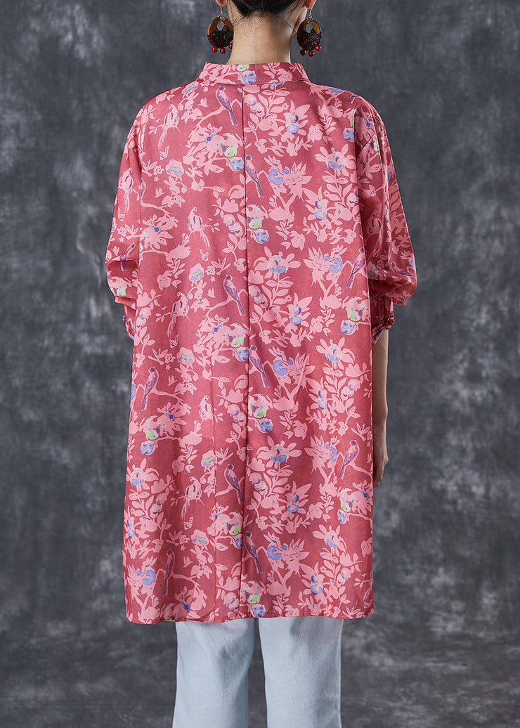 Red Print Cotton Shirt Tops Chinese Button Fall