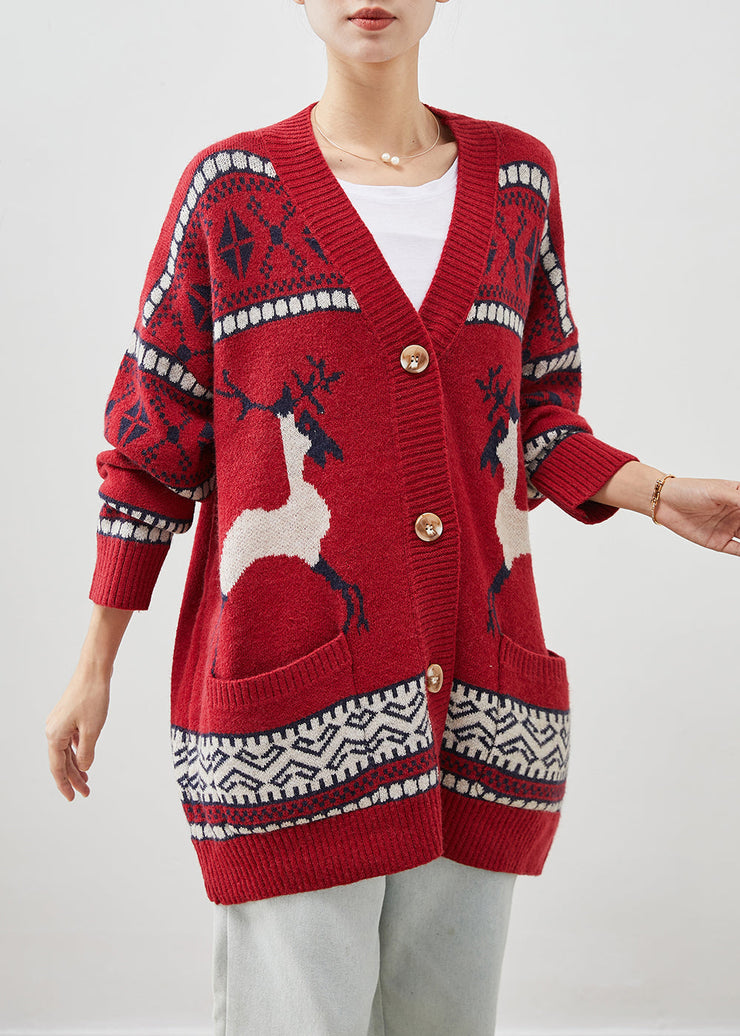 Red Print Knit Cardigans V Neck Pockets Winter