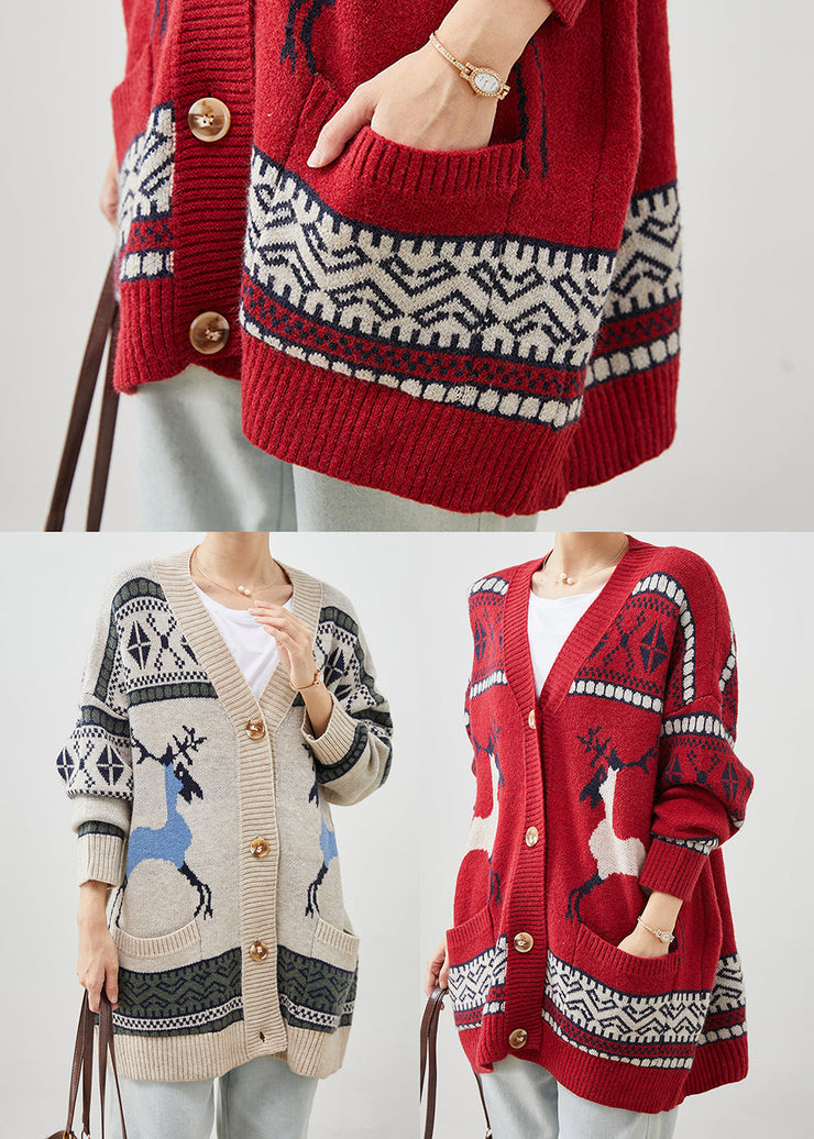 Red Print Knit Cardigans V Neck Pockets Winter