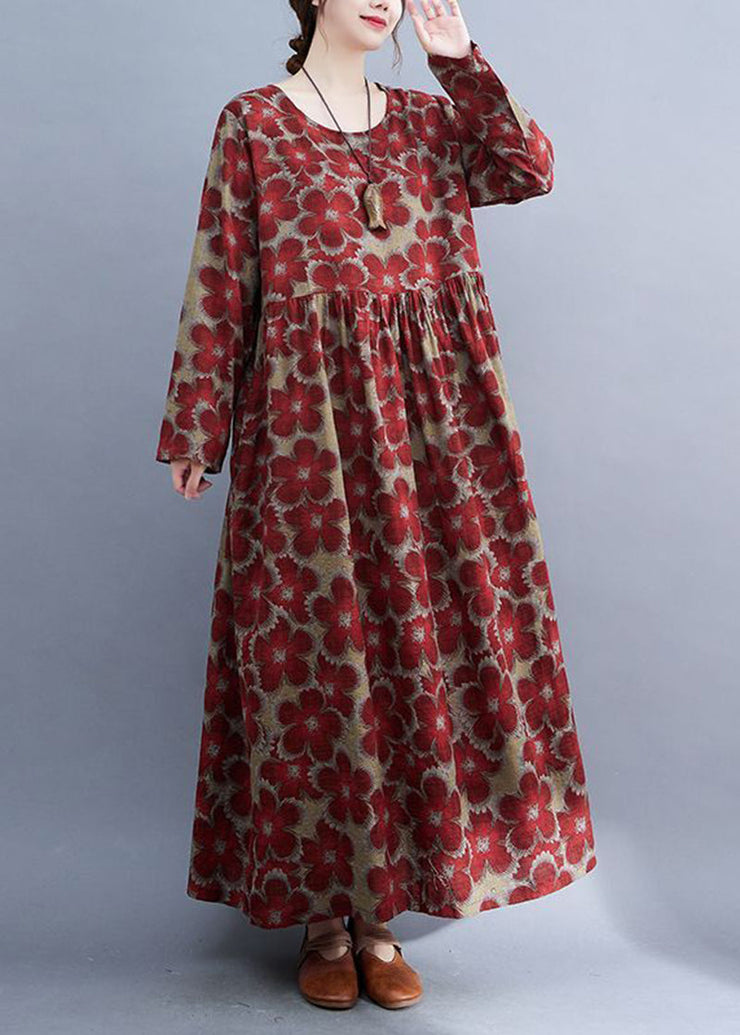 Red Print Linen Ankle Dress Oversized Exra Large Hem Spring