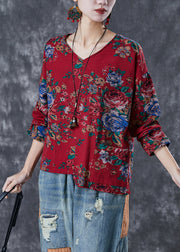 Red Print Linen Blouse Top Asymmetrical Design Fall