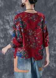 Red Print Linen Blouse Top Asymmetrical Design Fall