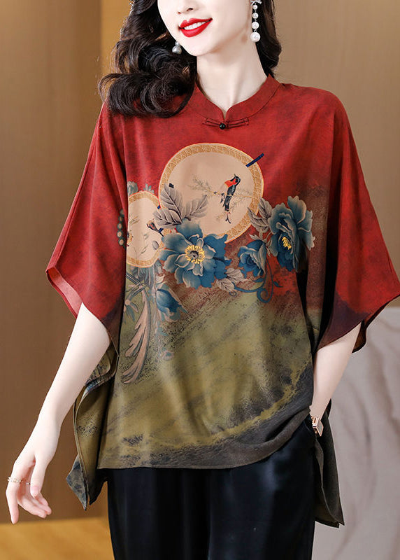 Red Print Loose Silk Blouse Top Mandarin Collar Batwing Sleeve