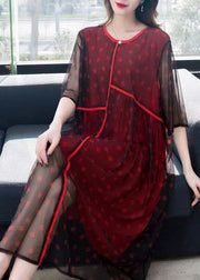 Red Print Patchwork Chiffon Dress O Neck Wrinkled Summer