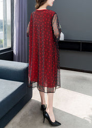 Red Print Patchwork Chiffon Dress O Neck Wrinkled Summer