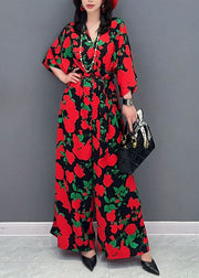 Red Print Patchwork Chiffon Jumpsuits V Neck Tie Waist Summer