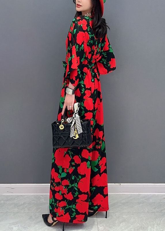 Red Print Patchwork Chiffon Jumpsuits V Neck Tie Waist Summer