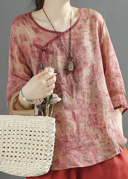 Red Print Patchwork Linen Top Tasseled Chinese Button Summer