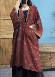 Red Print Patchwork Loose Linen Cardigan V Neck Spring