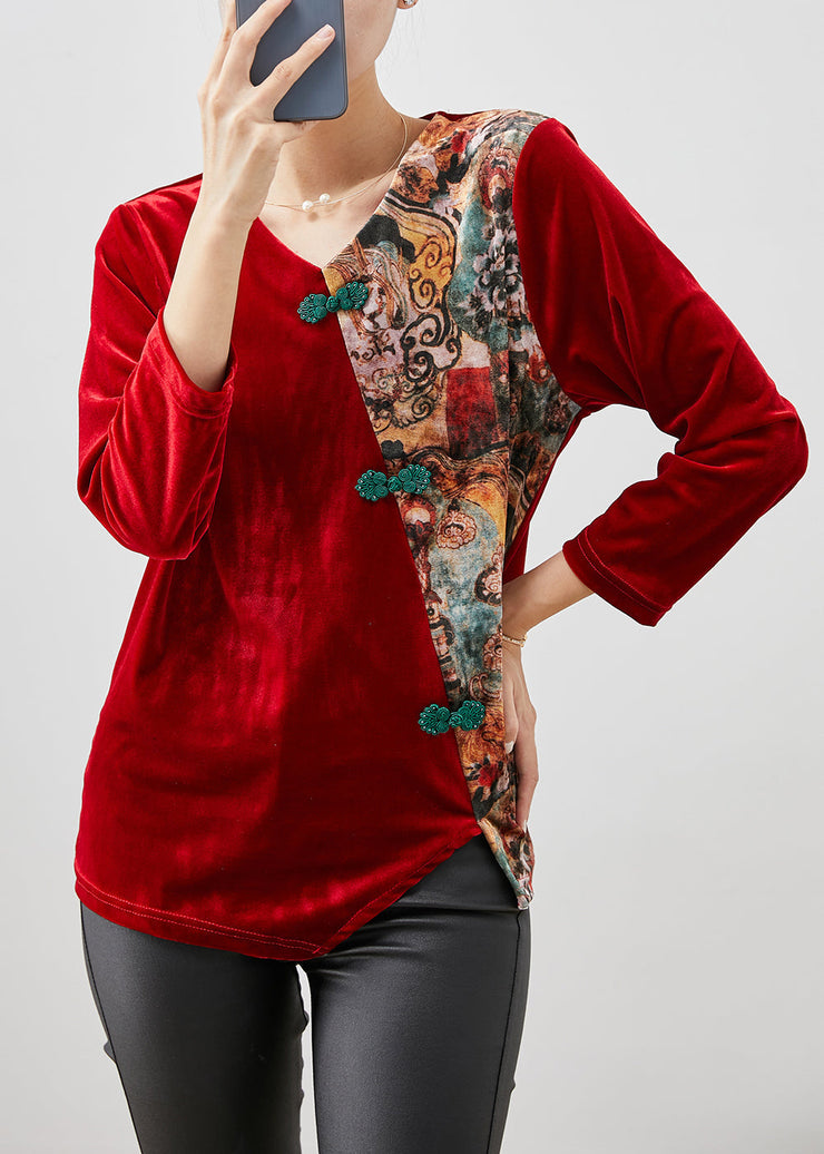 Red Print Patchwork Silk Velour Shirt Tops Chinese Button Winter