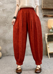 Red Print Pockets Cotton Crop Pants High Waist