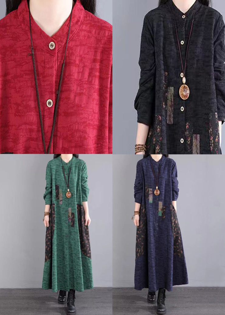 Red Print Pockets Patchwork Casual Cotton Long Dress Button Fall