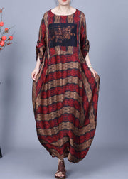 Red Print Pockets Patchwork Silk Long Dresses O Neck Spring