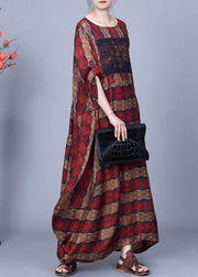 Red Print Pockets Patchwork Silk Long Dresses O Neck Spring