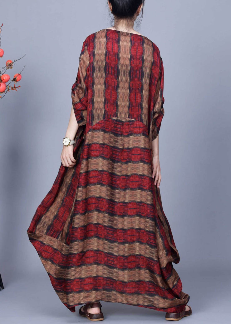 Red Print Pockets Patchwork Silk Long Dresses O Neck Spring