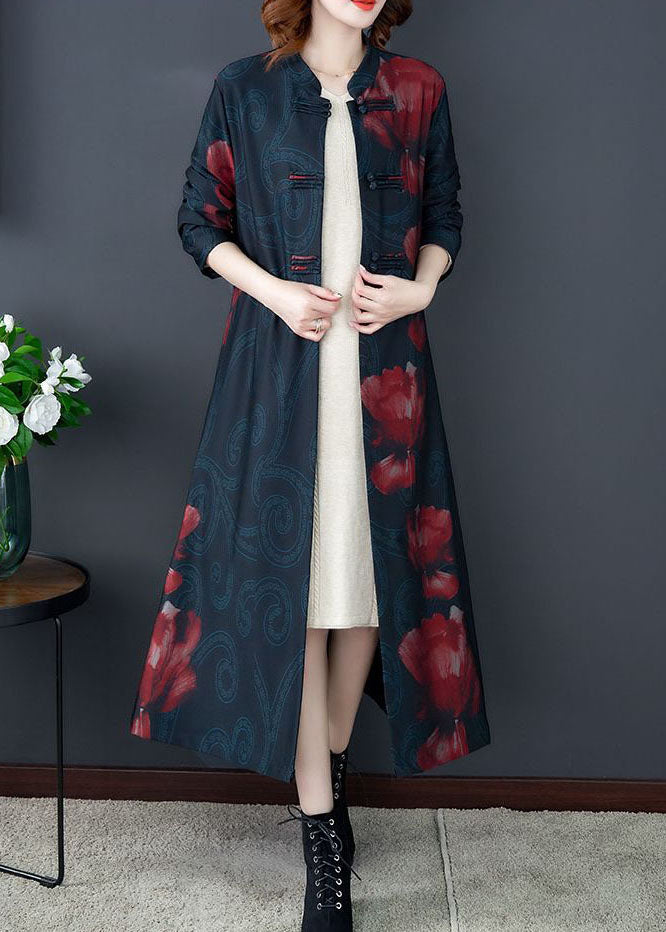 Red Print Silk Long Trench Coats Stand Collar Oriental Button Long Sleeve