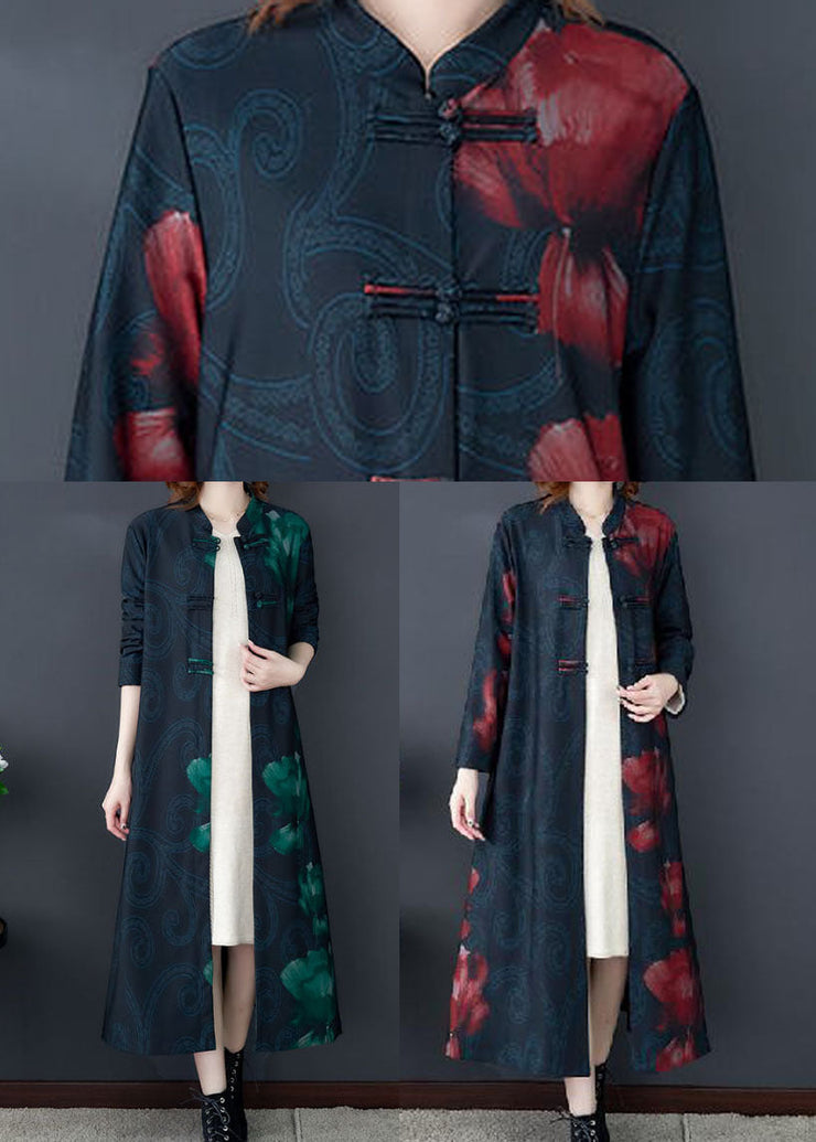 Red Print Silk Long Trench Coats Stand Collar Oriental Button Long Sleeve