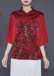 Red Print Silk Oriental Shirt Tasseled Embroidered Summer